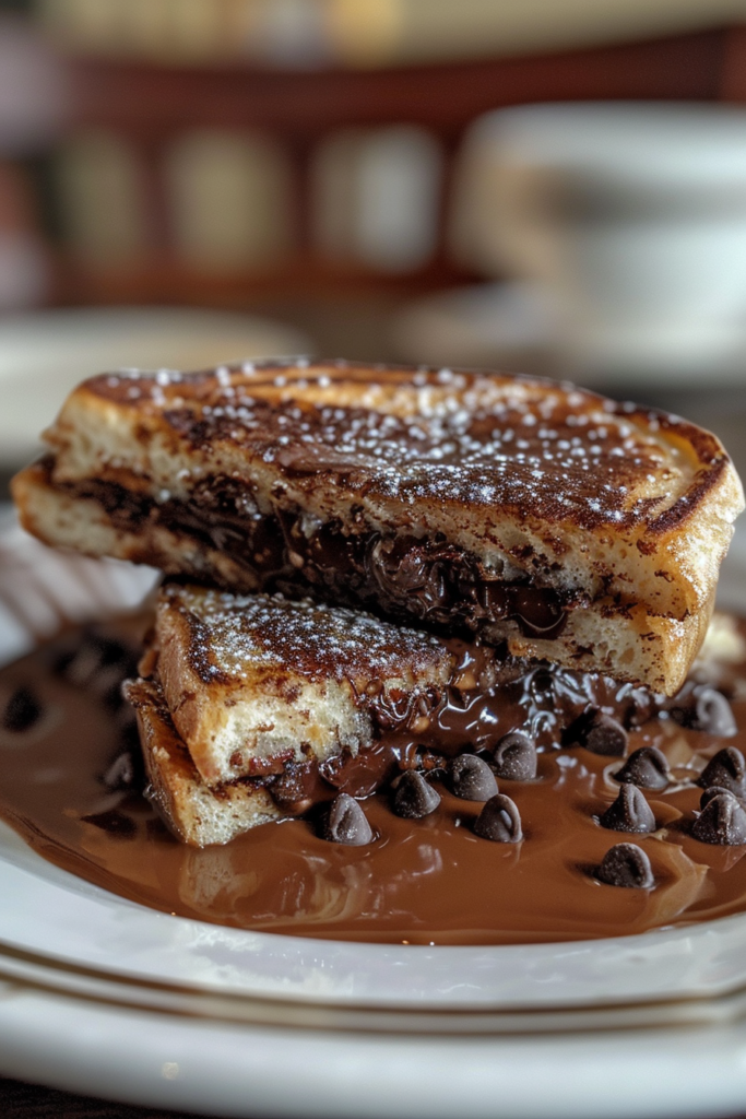 chocolate chip French toast slice showing melted chocolate oozing from the center