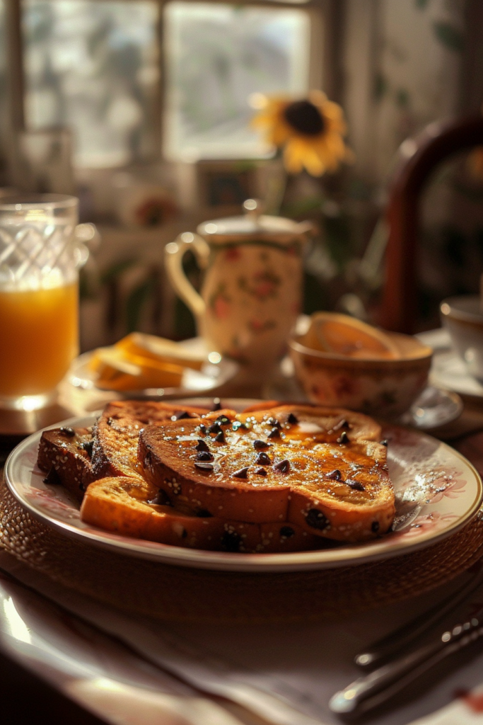 family breakfast scene featuring a plate of chocolate chip French toast