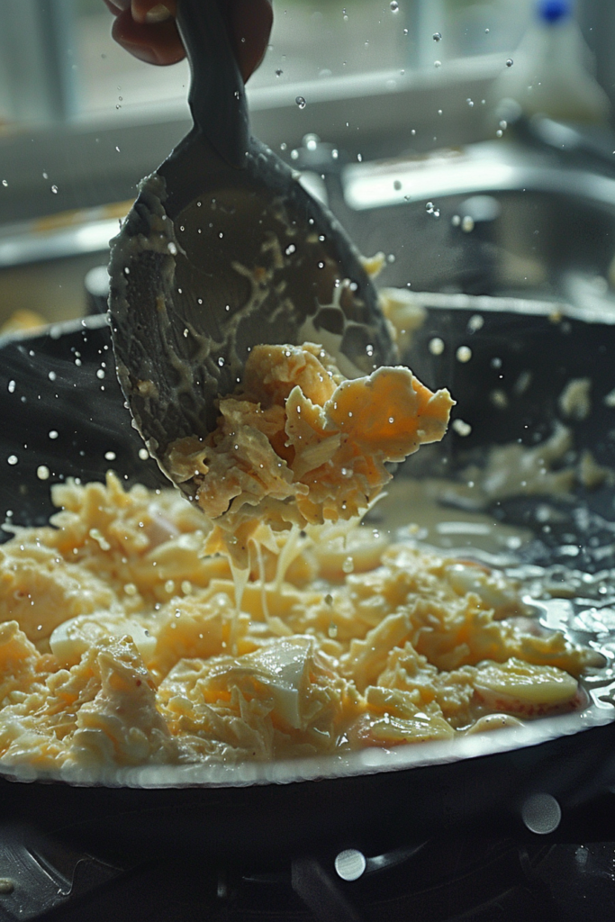 moment the crabmeat is added to the partially cooked eggs