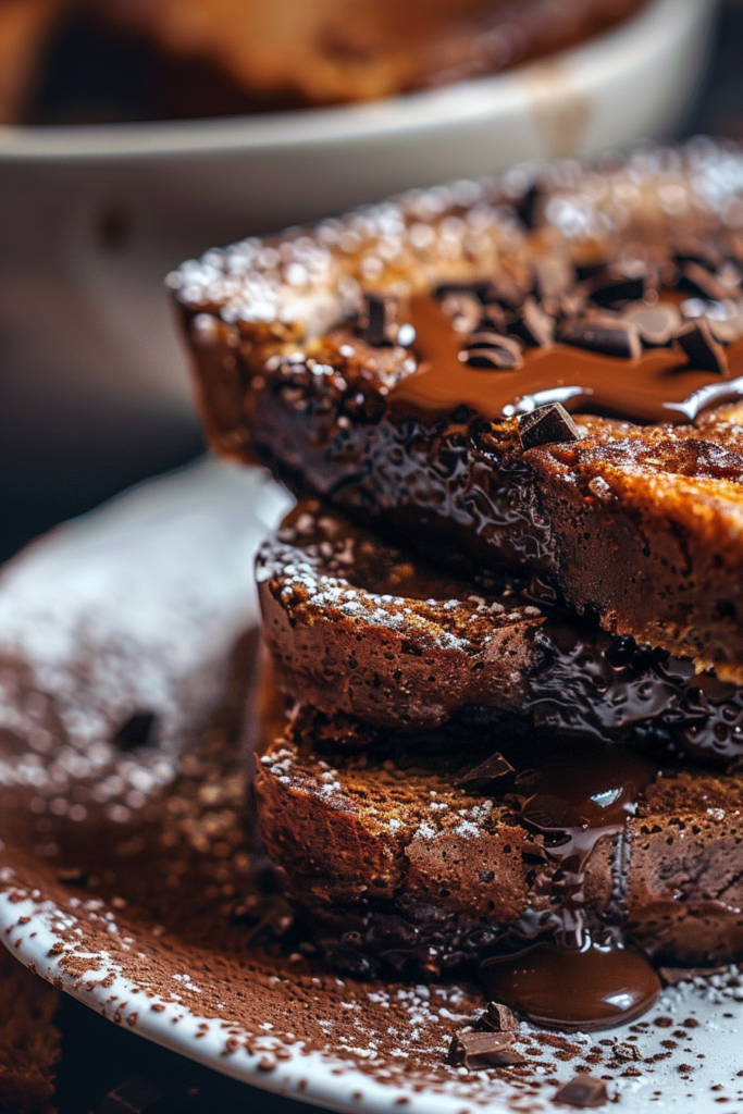 perfectly cooked slice with a caption highlighting the crispy edges and molten chocolate pockets